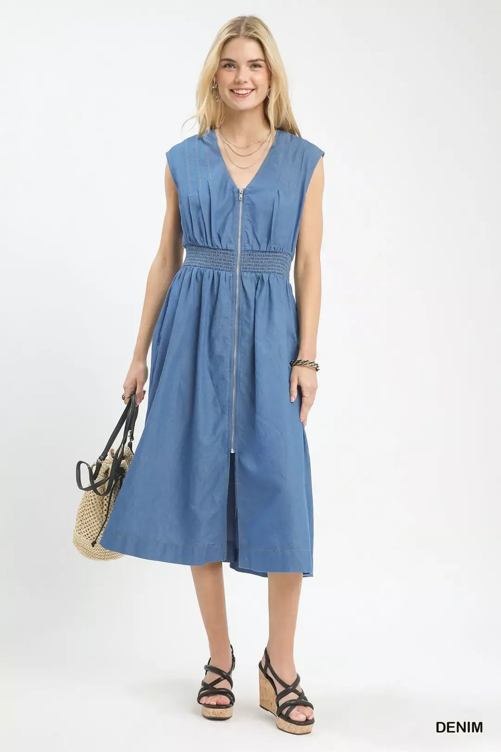 Denim Sleeveless Zip-Front Smocked Waist Midi Dress for Women