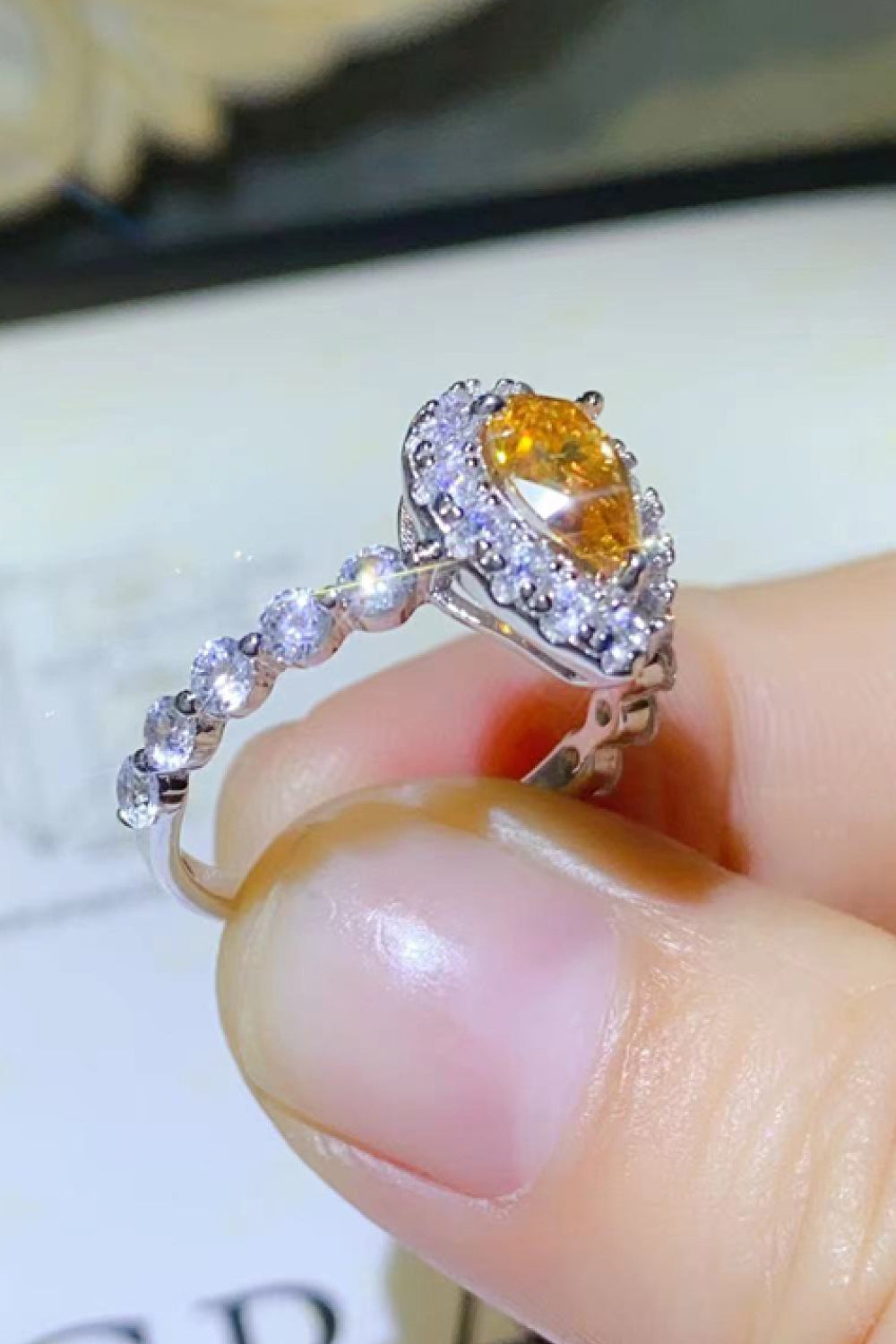 1 Carat Moissanite Contrast Teardrop Ring in Gold for Women