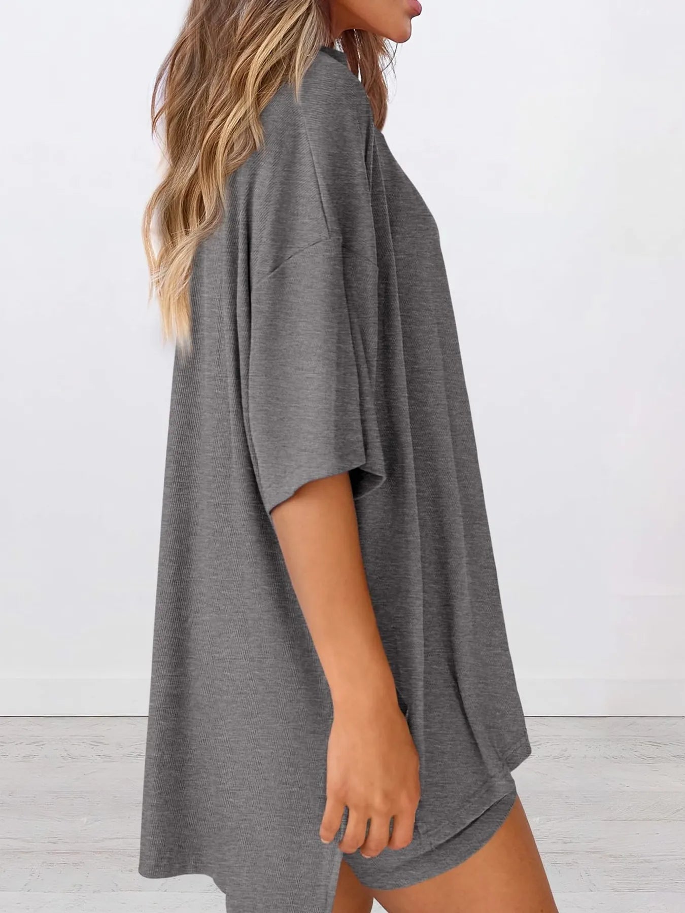 Oversized Slit Round Neck Top and Shorts Lounge Set Plus Size in Grey for Women