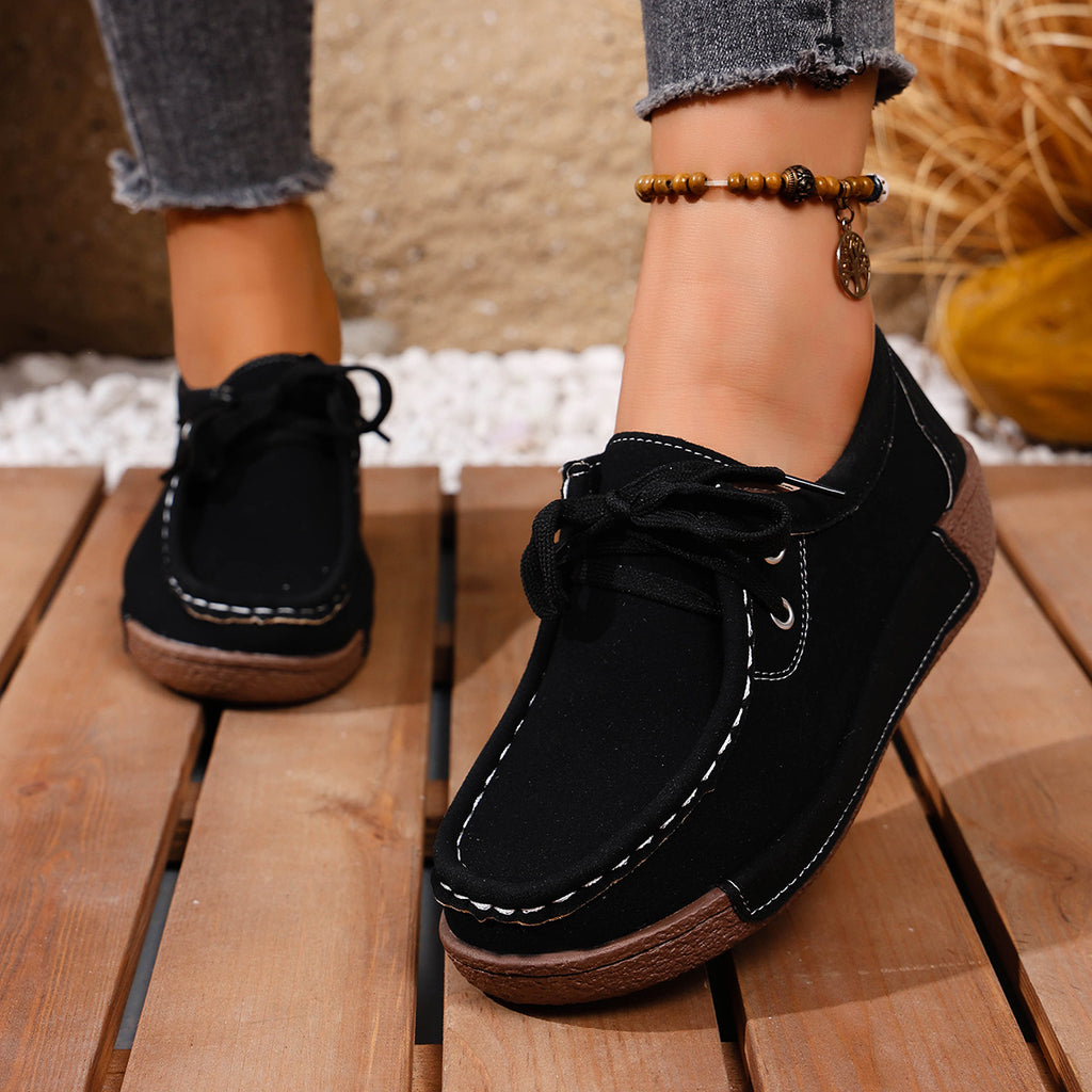 Lace Up Round Toe Sneakers in Black for Women