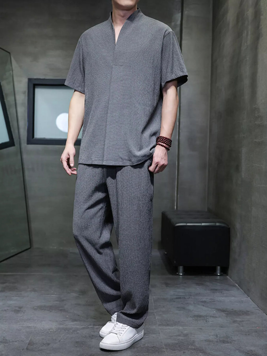 Plus Size Casual Short Sleeve Top and Pants Set in Black for Men