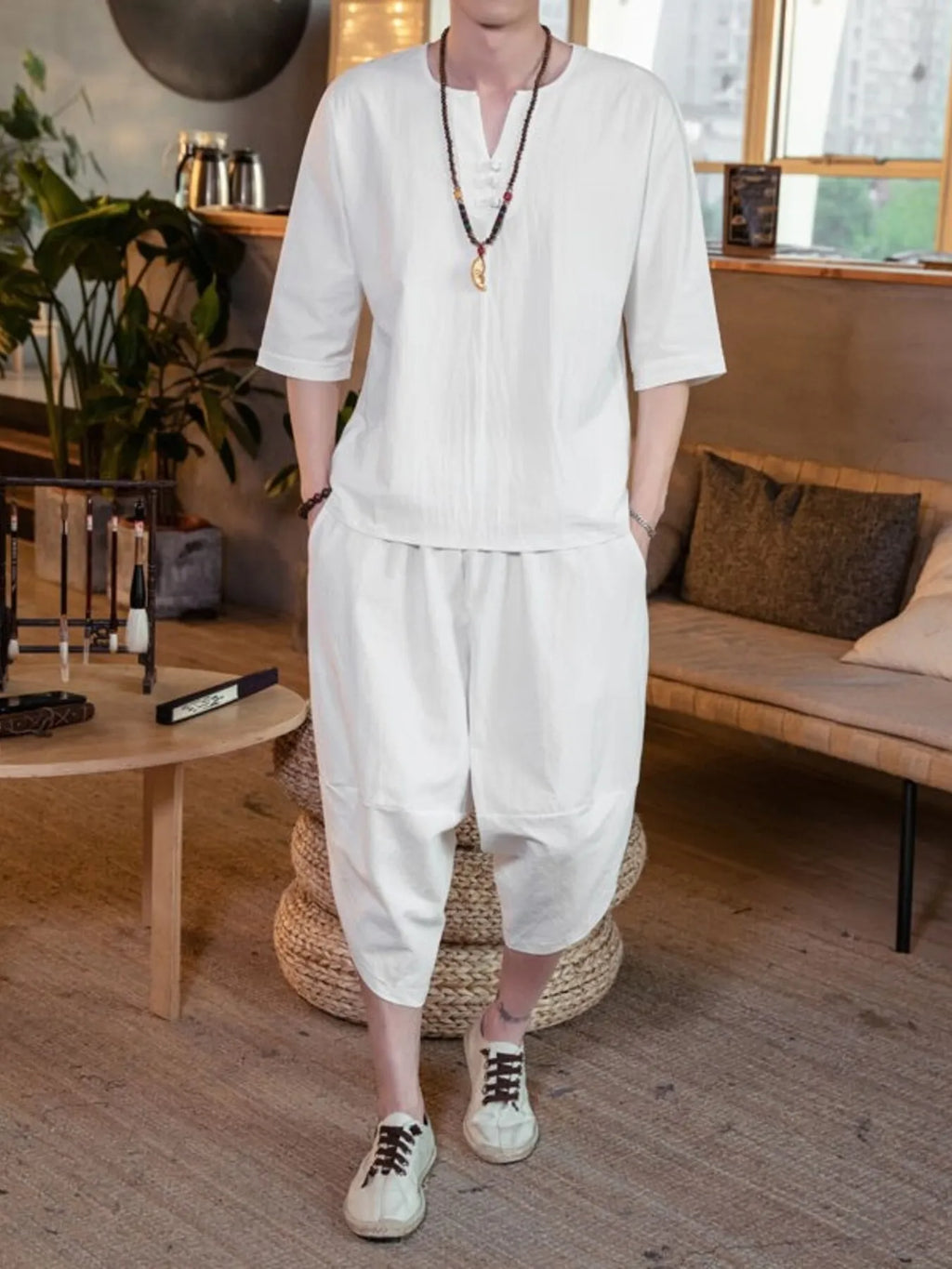 Plus Size Notched Half Sleeve Top and Cropped Pants Set in White for Men