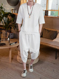 Plus Size Notched Half Sleeve Top and Cropped Pants Set in White for Men