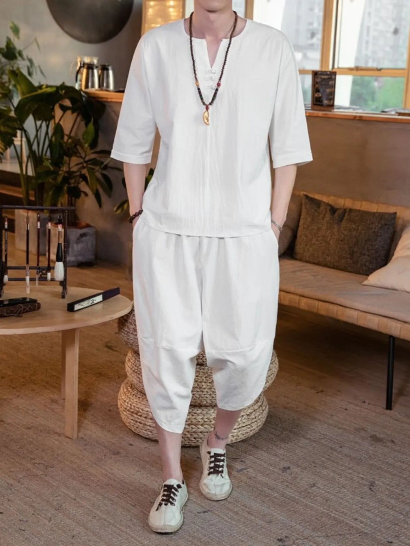 Plus Size Notched Half Sleeve Top and Cropped Pants Set in White for Men