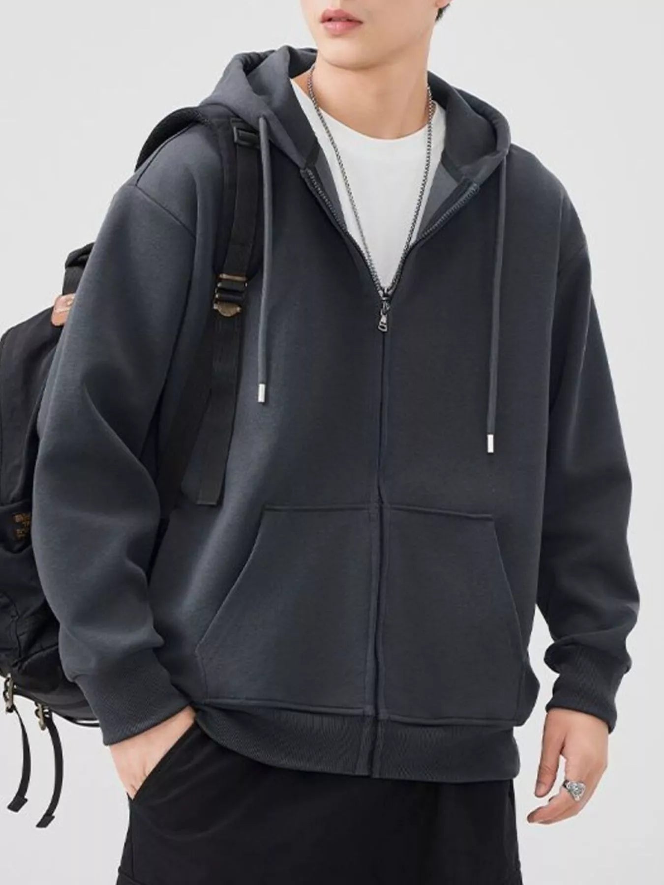 Plus Size Solid Color Zip-Up Hoodie in Black for Men