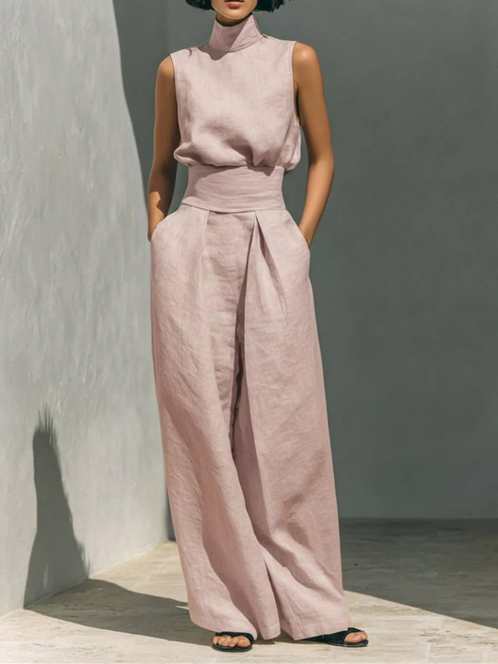 Turtleneck Sleeveless Top and Wide Leg Pants Set in Sky Blue for Women