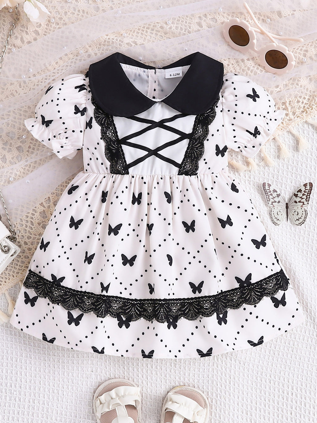 Butterfly Print Lace Trim Peter Pan Collar Dress in White for Girls