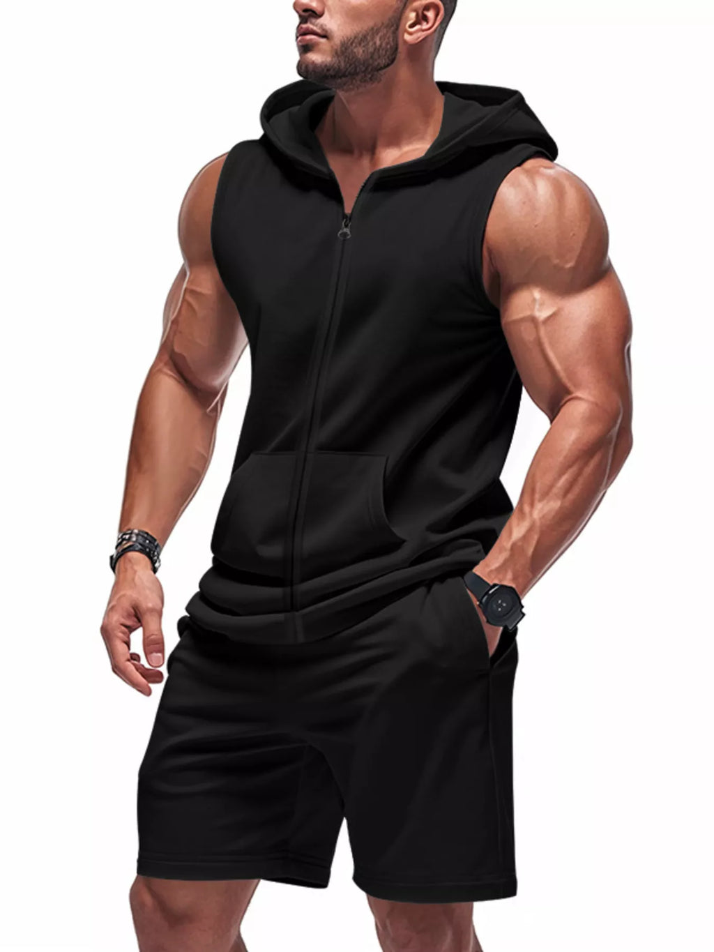 Zip Up Sleeveless Hoodie & Shorts Set Plus Size in Red for Men