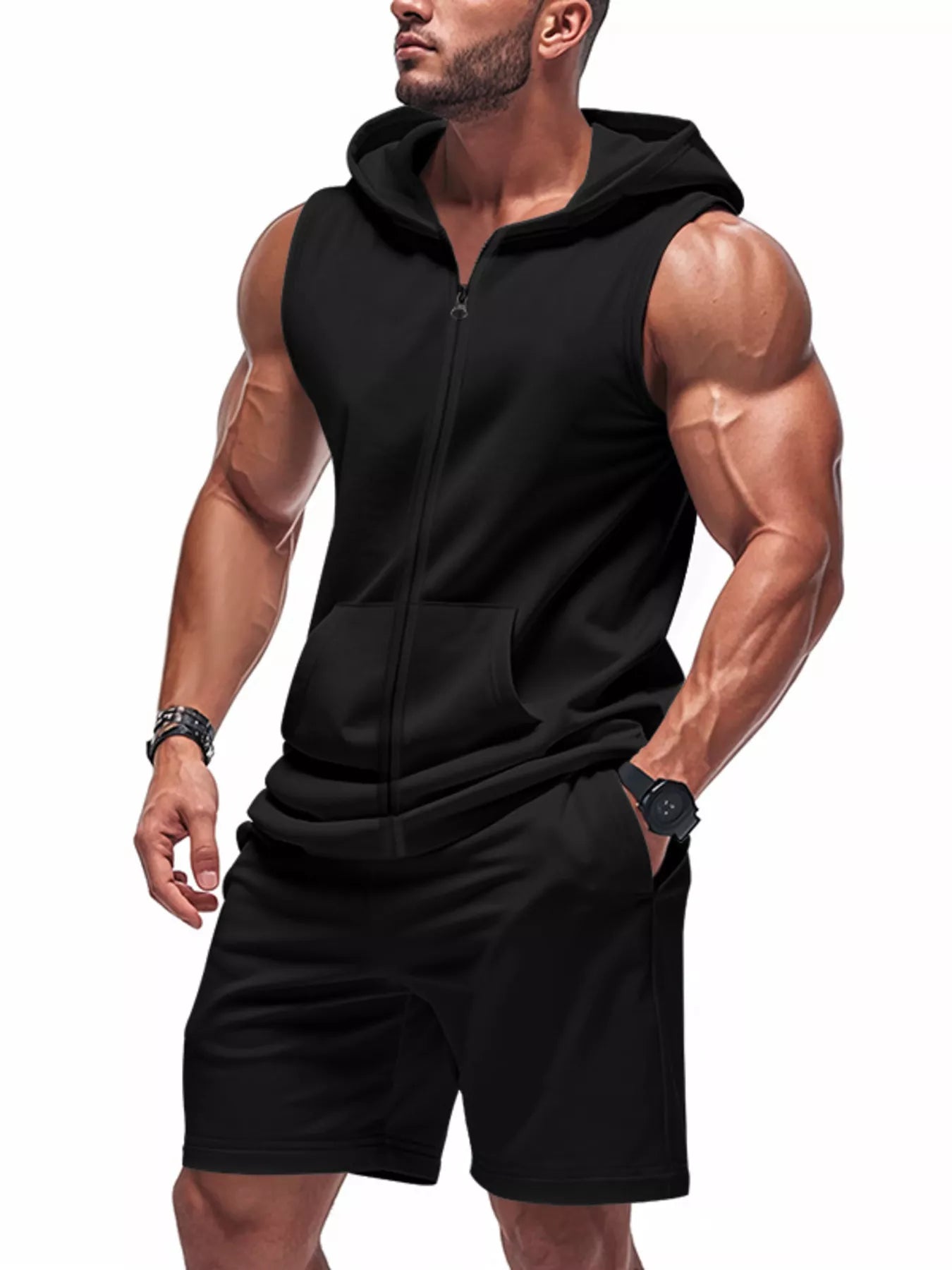 Zip Up Sleeveless Hoodie & Shorts Set Plus Size in Red for Men