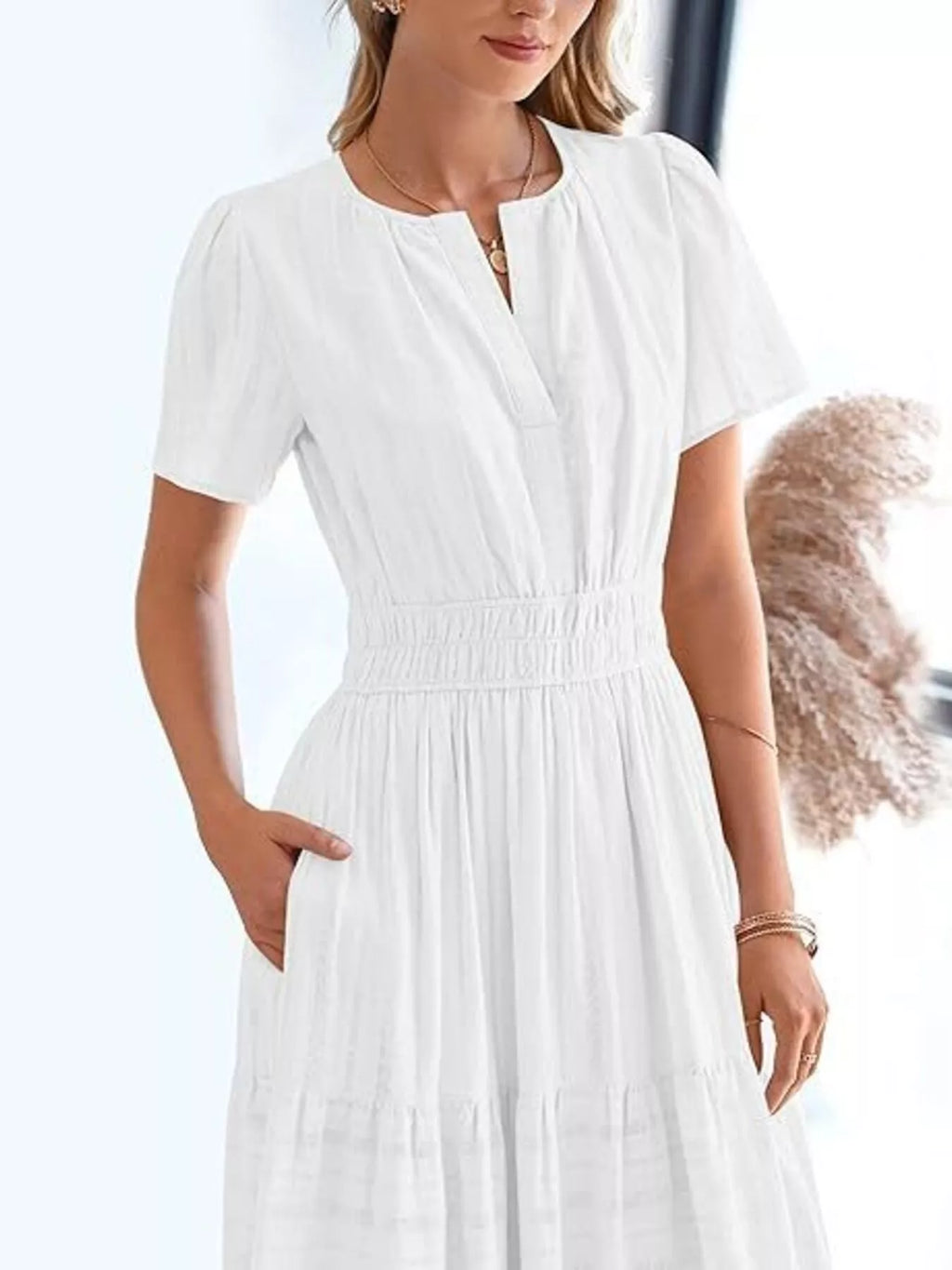 Plus Size Short Sleeve Tiered Midi Dress in Dark Blue for Women