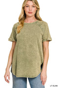 French Terry Washed Curved Hem Top in Light Olive for Women