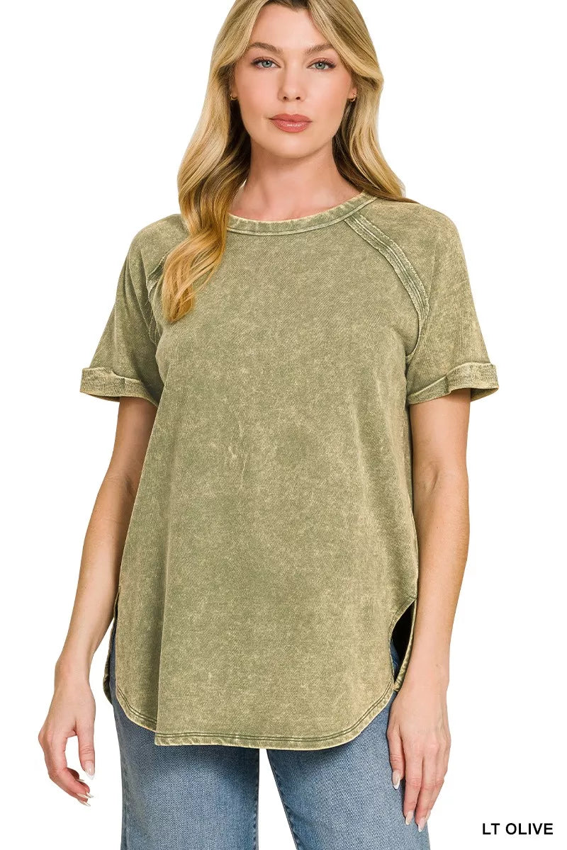 French Terry Washed Curved Hem Top in Light Olive for Women