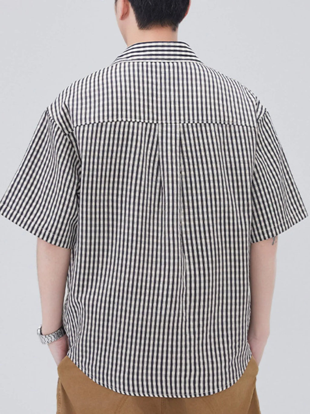 Plus Size Striped Short Sleeve Shirt in Black for Men