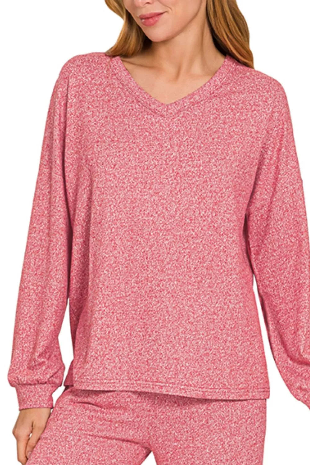 Soft Melange Long Sleeve Tee & Pants Set in Dark Red for Women