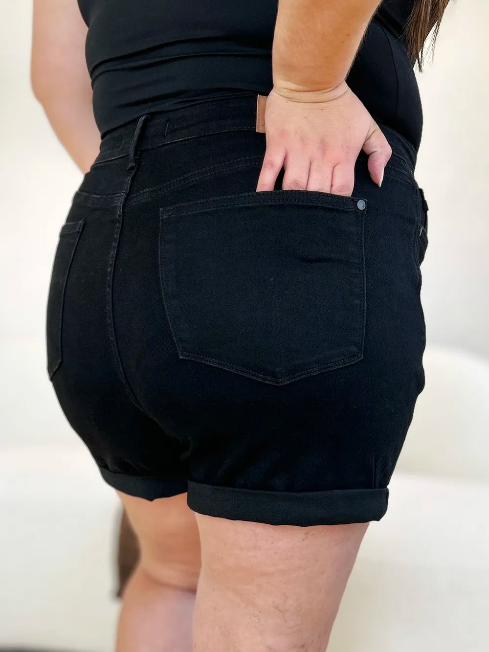 Plus Size High Waist Tummy Control Cuffed Denim Shorts for Women