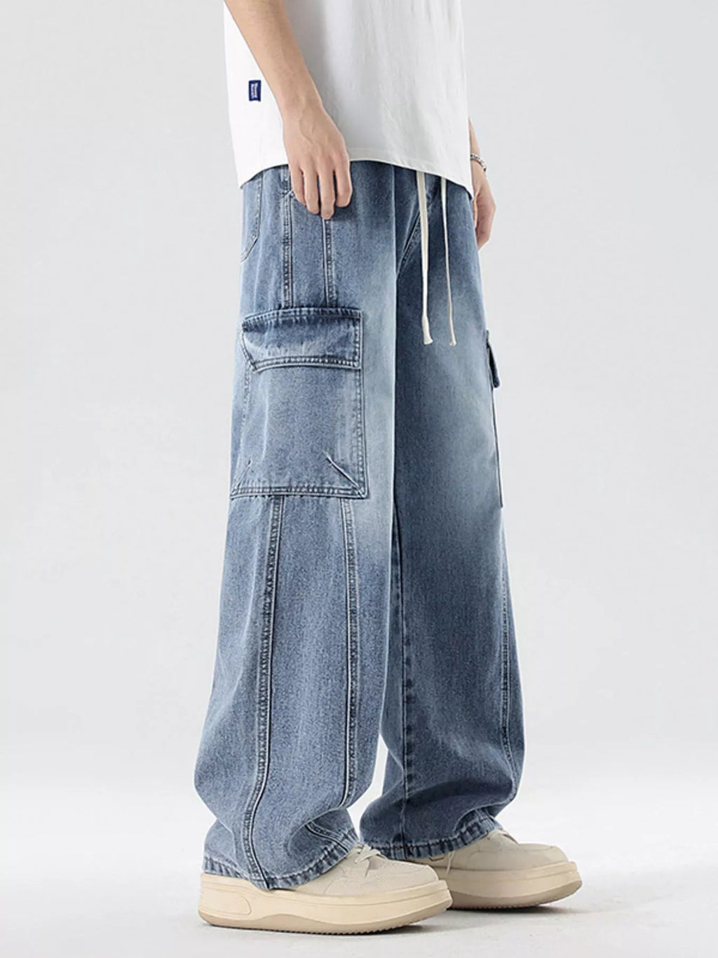 Plus Size Wash Wide Leg Cargo Jeans in Gray for Men