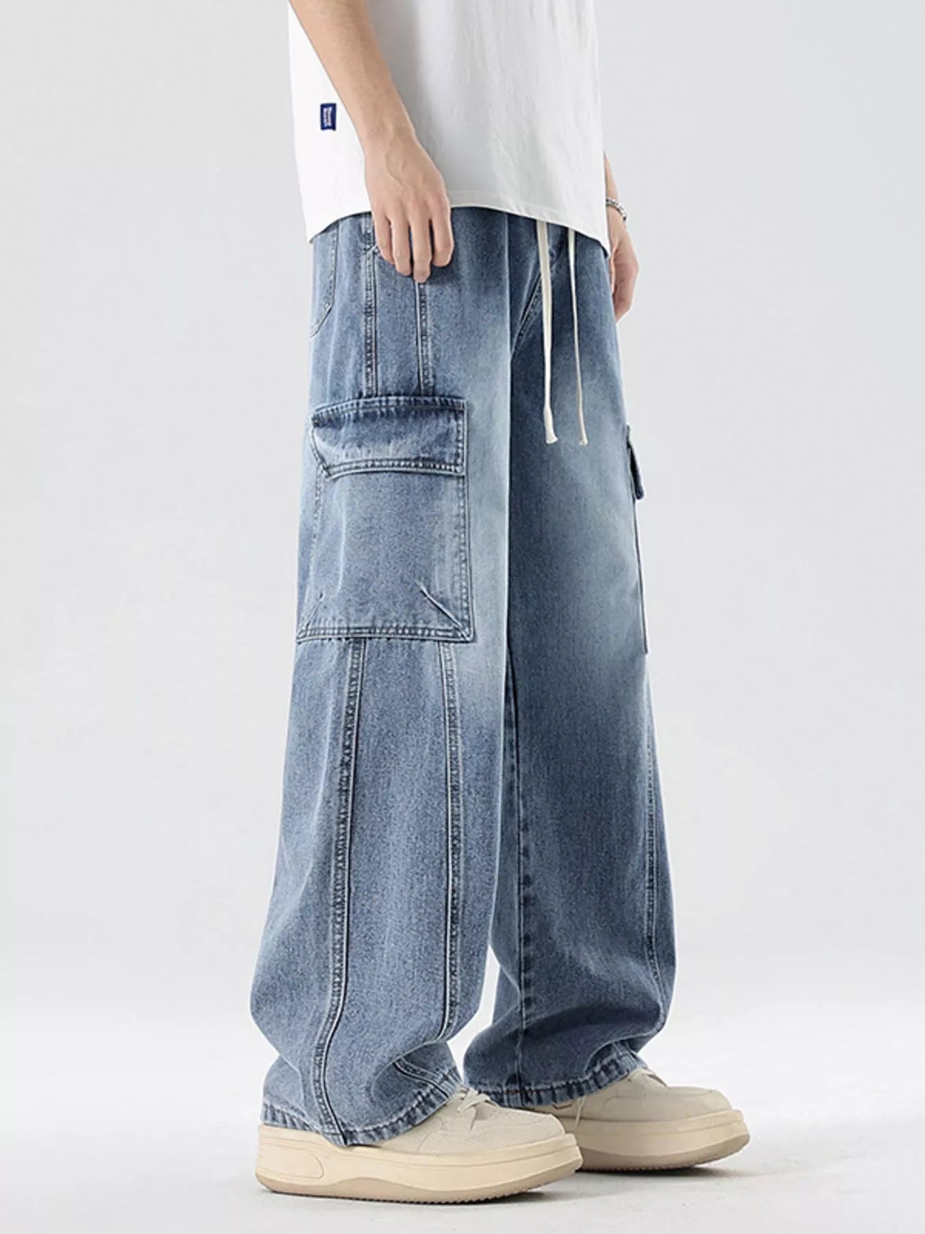 Plus Size Wash Wide Leg Cargo Jeans in Gray for Men