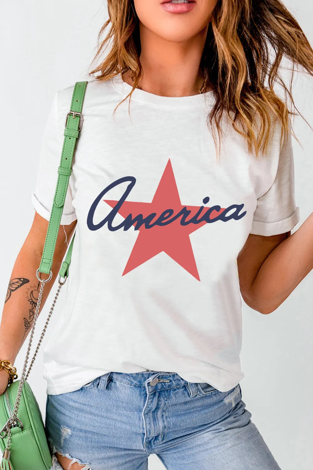 Star Round Neck Short Sleeve T-Shirt in White for Women