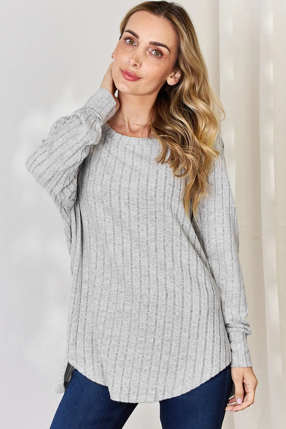 Plus Size Ribbed Round Neck Slit T-Shirt in Light Gray for Women