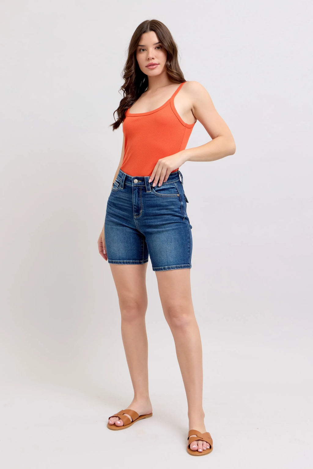 High Waist Bermudas Jeans W/ Back Flap Pockets Plus Size for Women