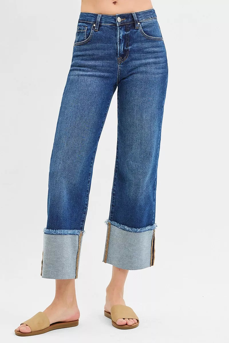 Mid Rise Crop Wide Wide Cuffed Jeans Plus Size in Dark for Women