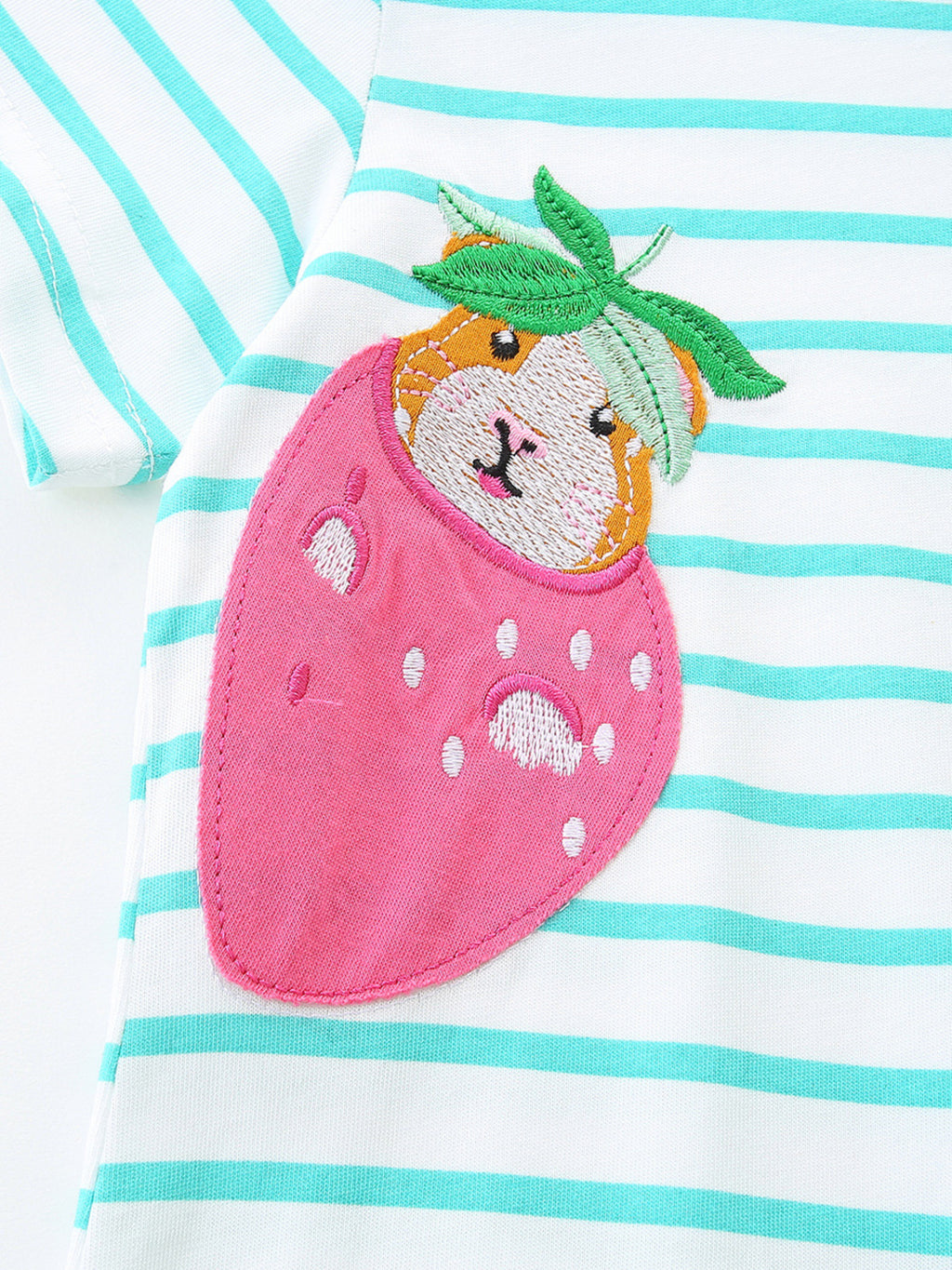 Animal Embroidered Striped Casual Dress in Mint Blue for Girls