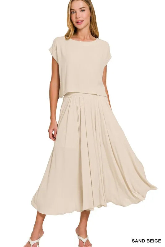Woven Crinkle Gauze Crop Tee and Skirt Set in Sand Beige for Women