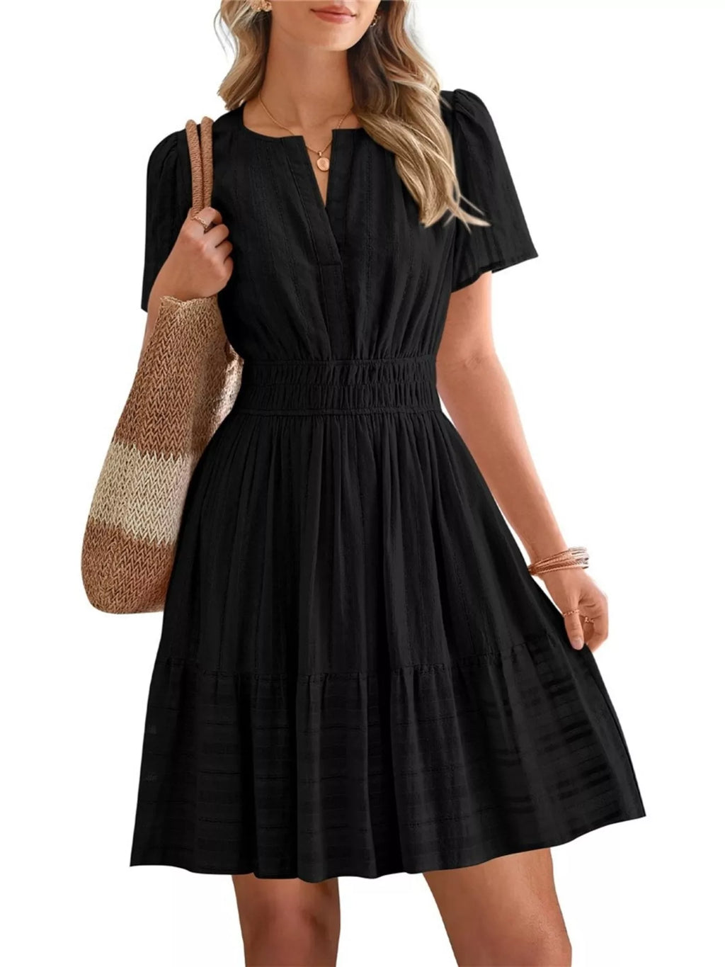 Short Sleeve Smocked Waist Tiered Dress in Black for Women