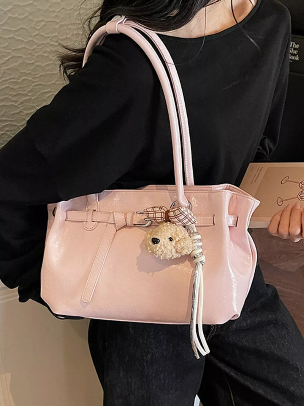 Leather Shoulder Bag with Dog Charm for Women
