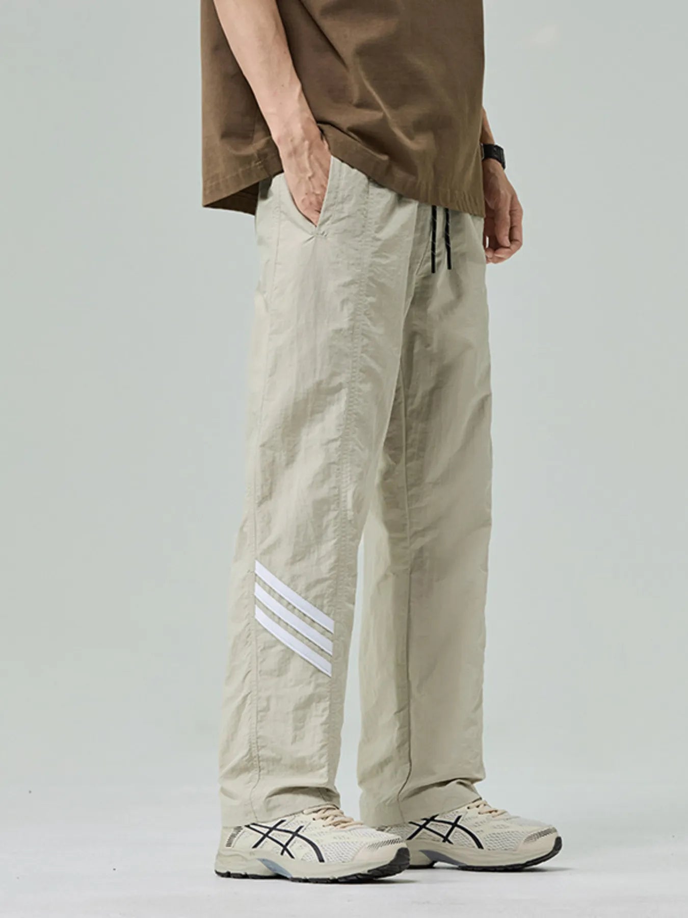 Plus Size Drawstring Wide Leg Pants in Light Khaki in Black for Men