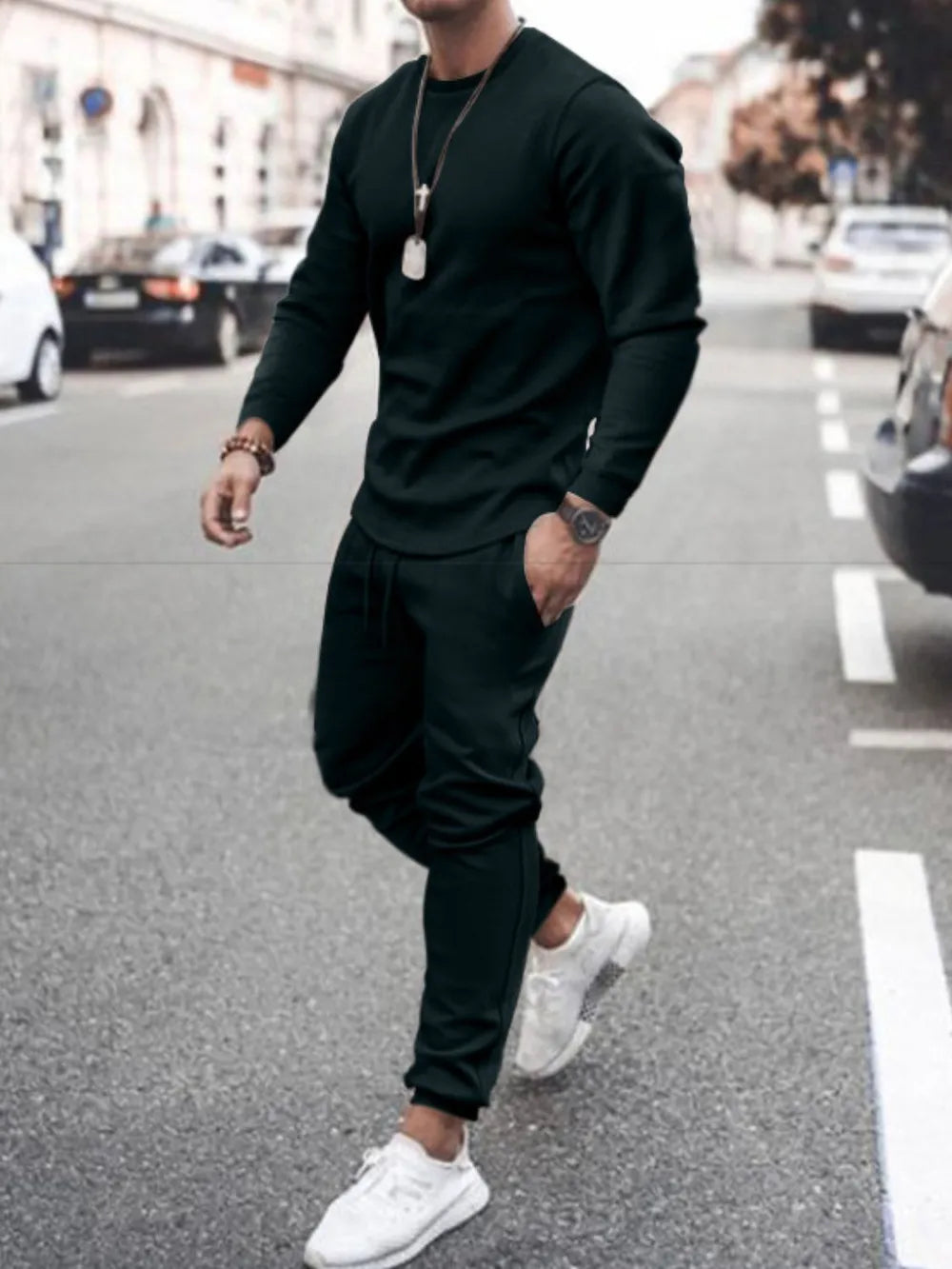 Round Neck Long Sleeve Top and Pants Set Plus Size in Black for Men