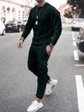 Round Neck Long Sleeve Top and Pants Set Plus Size in Black for Men