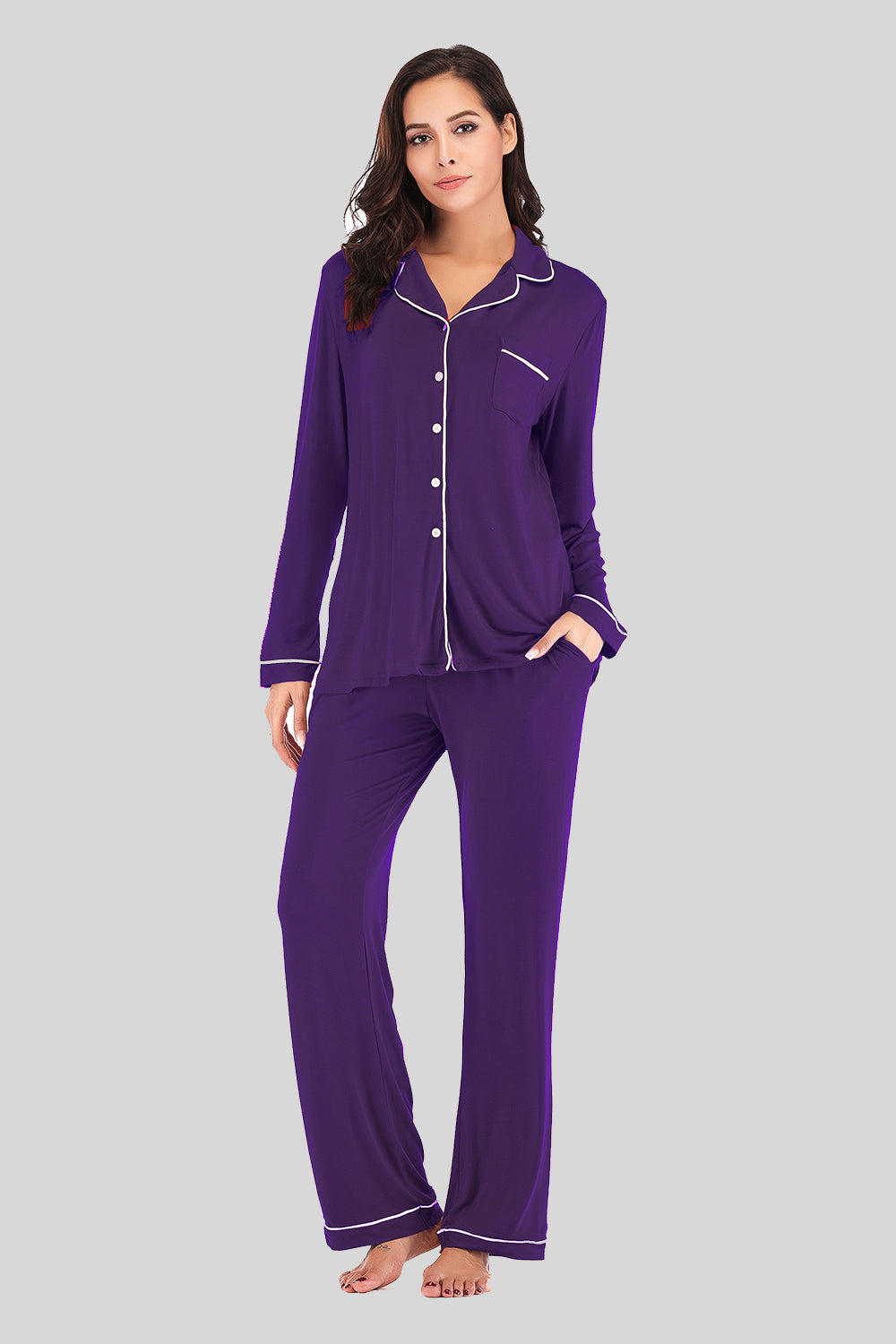 Collared Neck Long Sleeve Loungewear Set with Pockets in Green for Women
