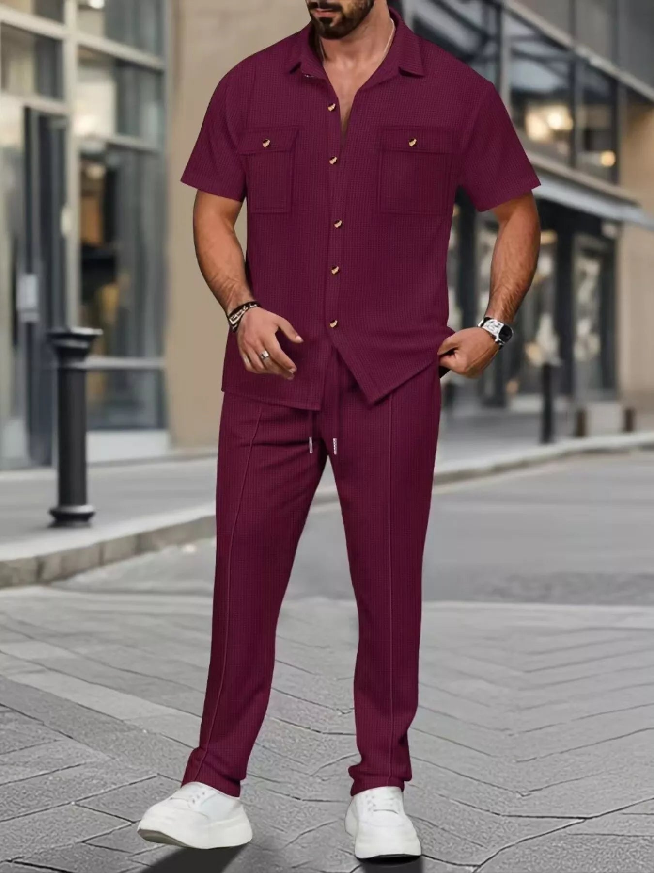 Casual Short Sleeve Shirt and Pants Set Plus Size in Gray for Men
