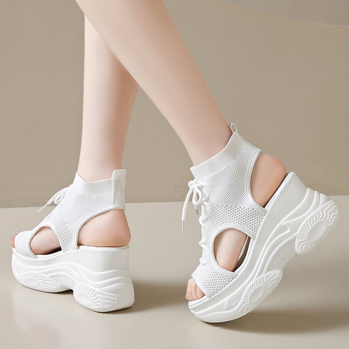 Cutout Mesh Wedge Sandals in White Lace for Women