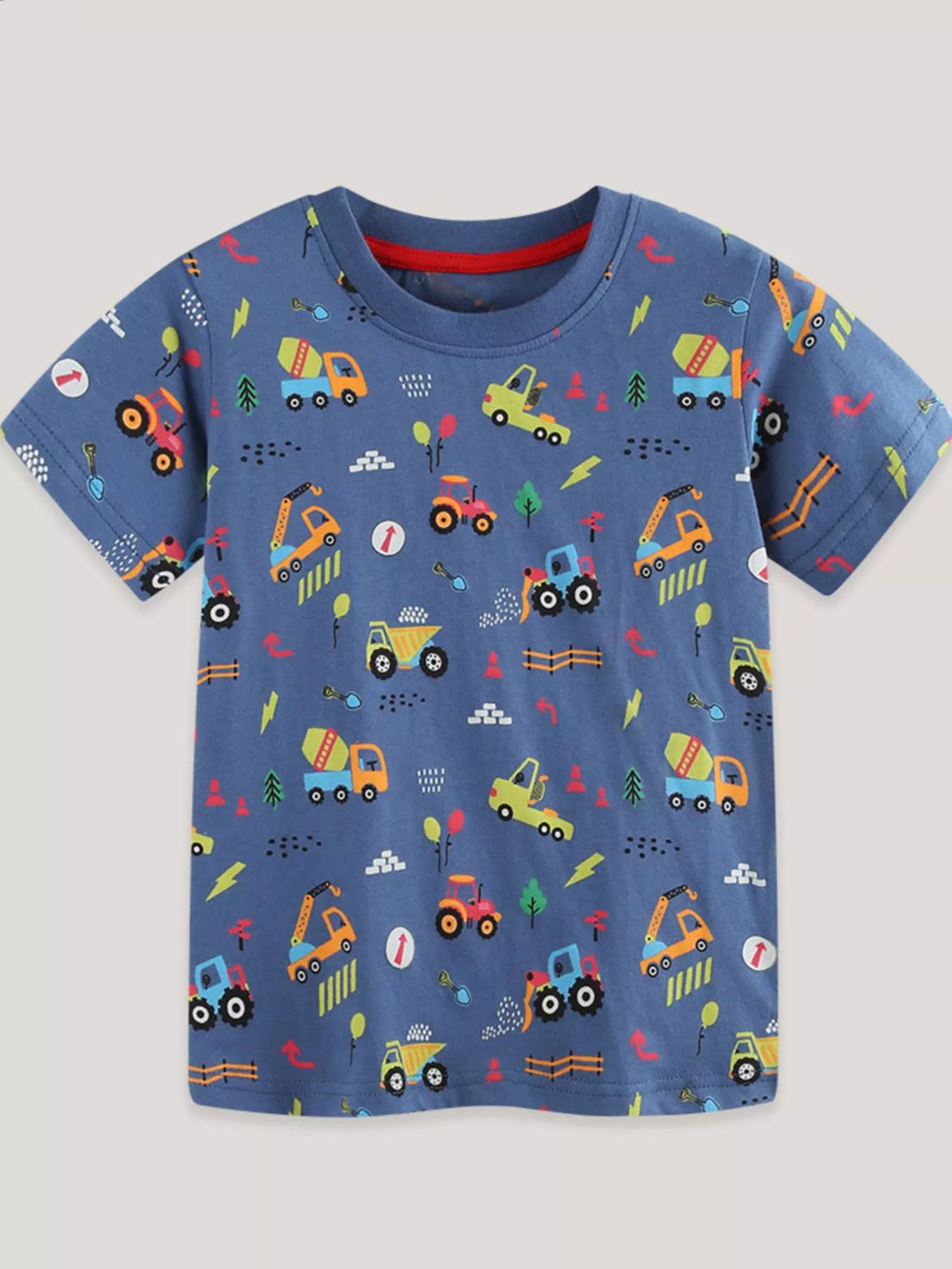 Construction Vehicle Print Short Sleeve T-Shirt in Dusty Blue for Boys
