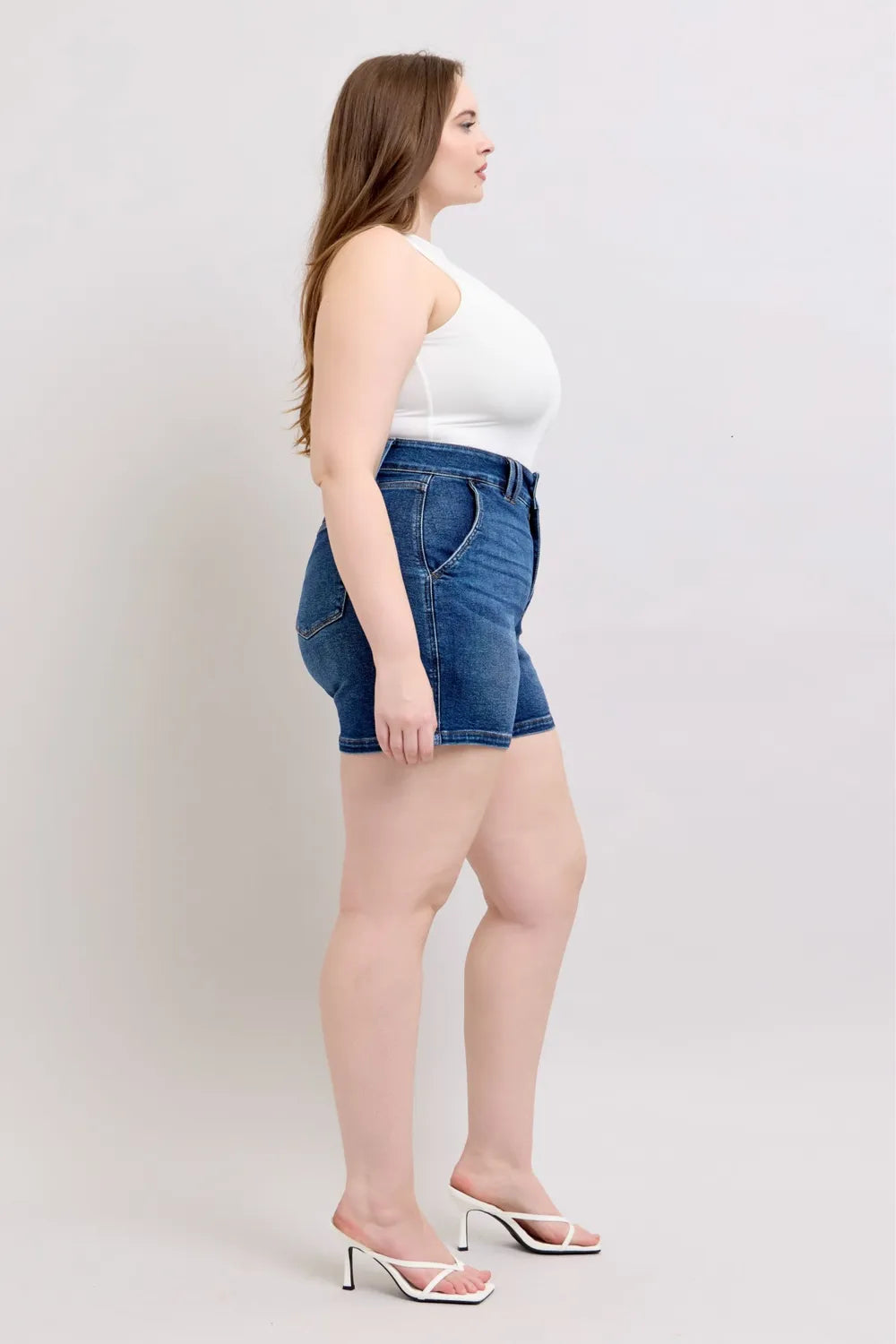 Double Button Waistband Denim Shorts Plus Size for Women