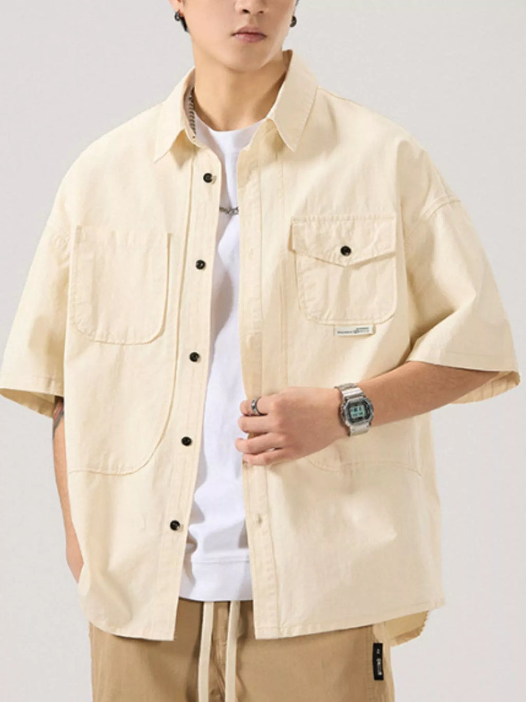 Button Up Half Sleeve Shirt Plus Size in Light Apricot in Black for Men