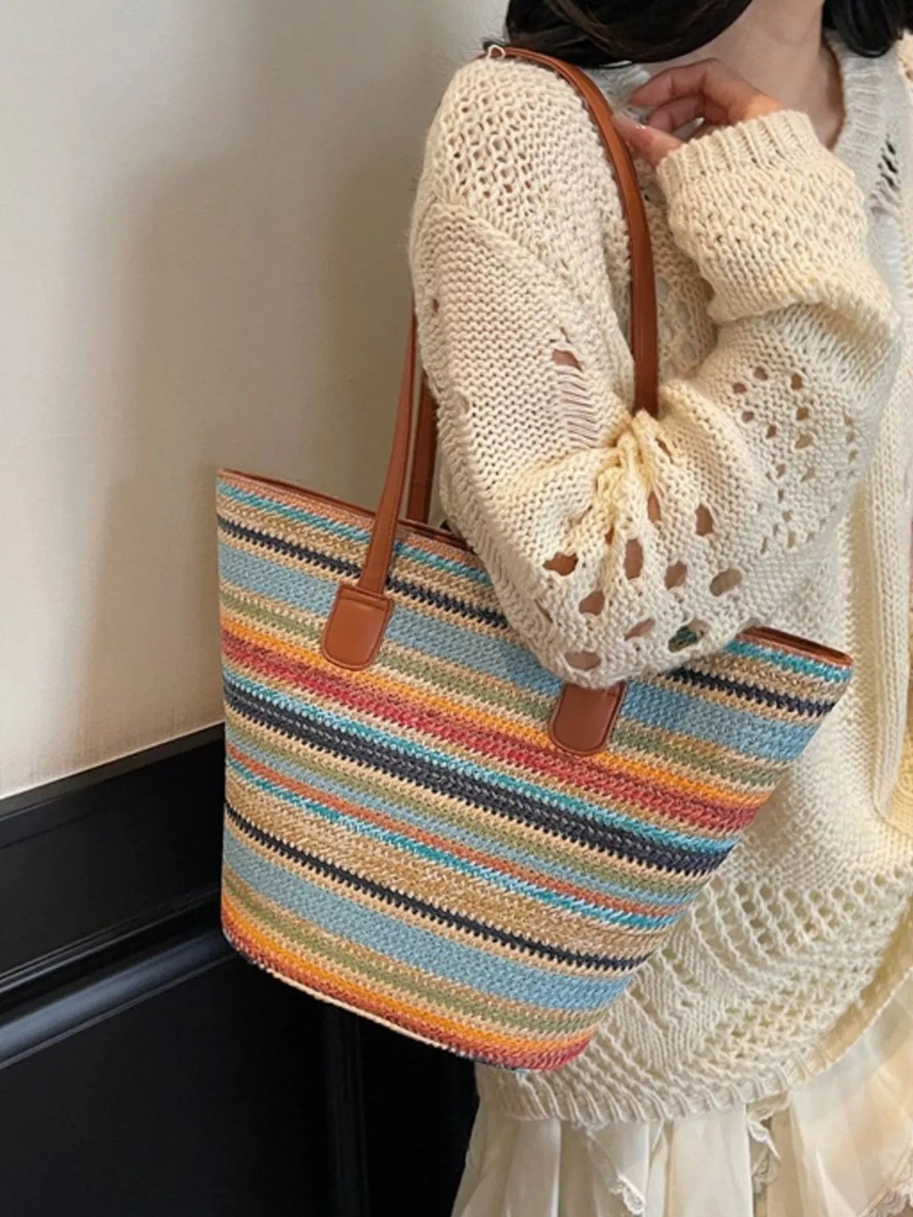 Striped Woven Shoulder Bag for Women