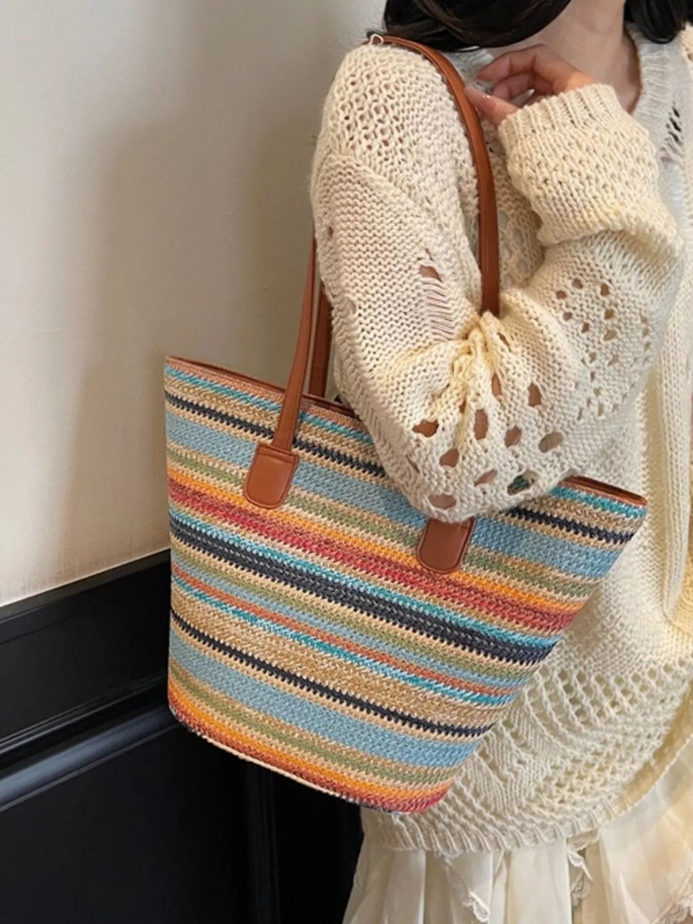 Striped Woven Shoulder Bag for Women