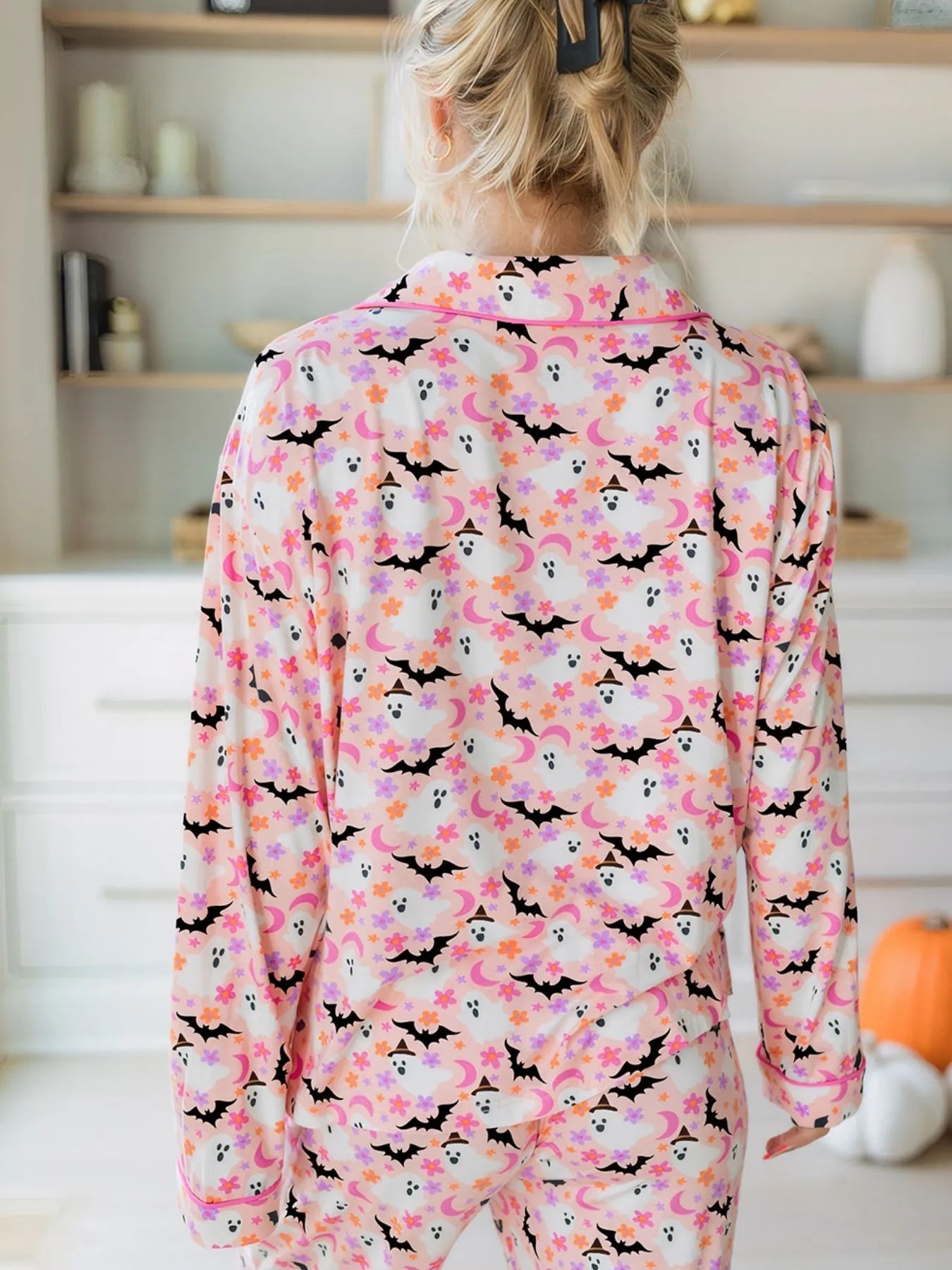 Halloween Ghost Print Button Up Top and Pants Lounge Set in Dusty Pink for Women