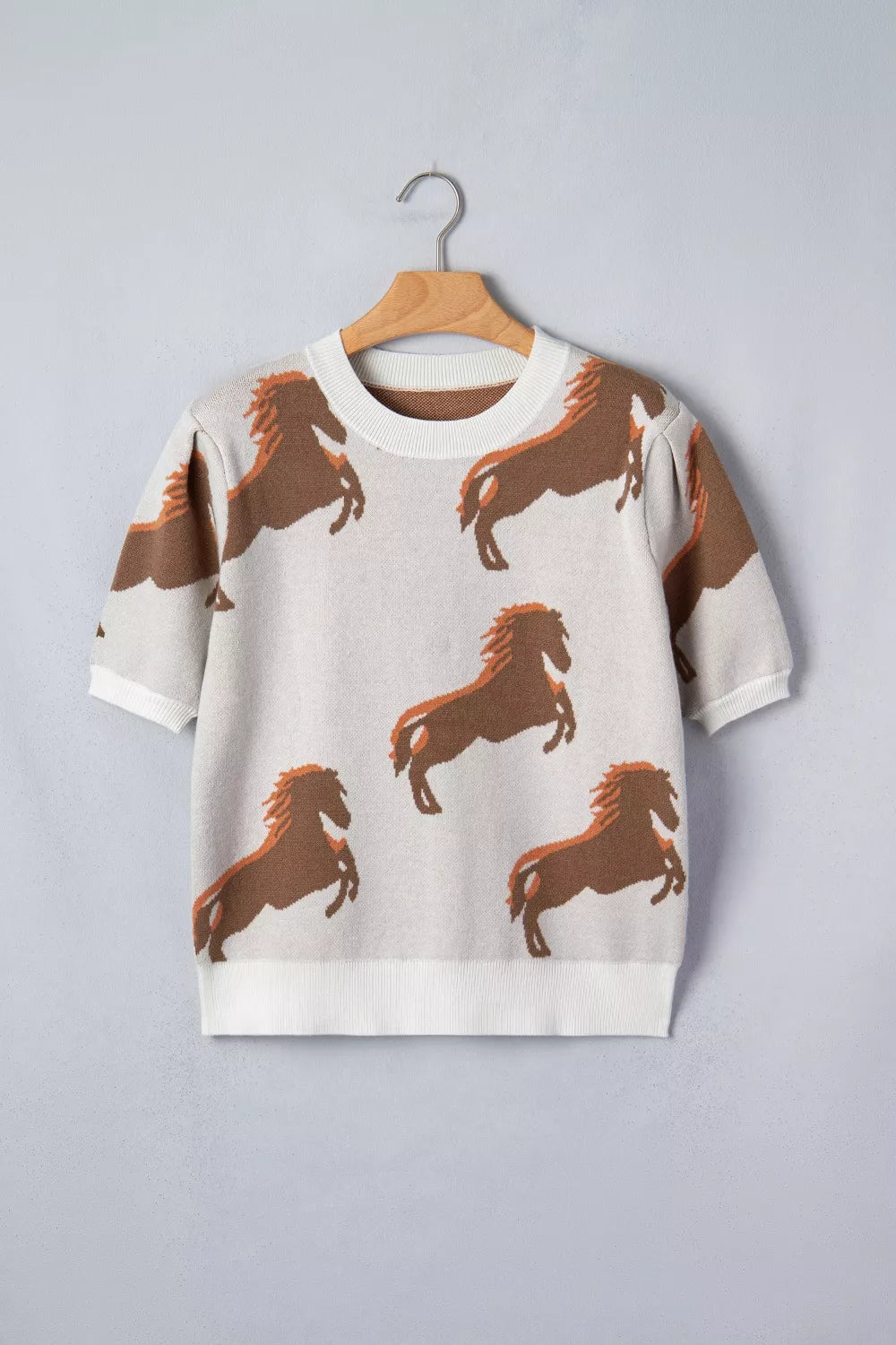 Western Horse Short Puff Sleeve Sweater in Beige for Women