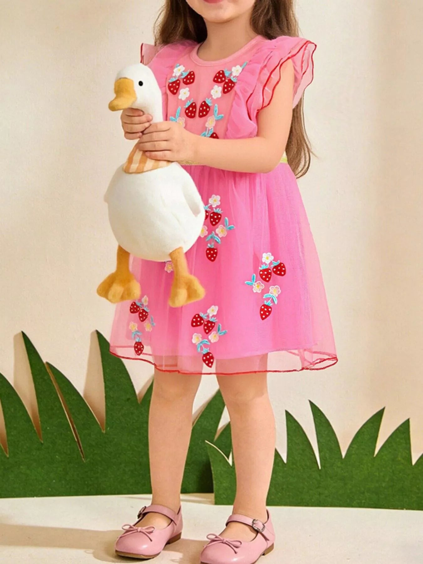 Strawberry Embroidered Ruffle Sleeve Tulle Dress in Fuchsia Pink for Girls