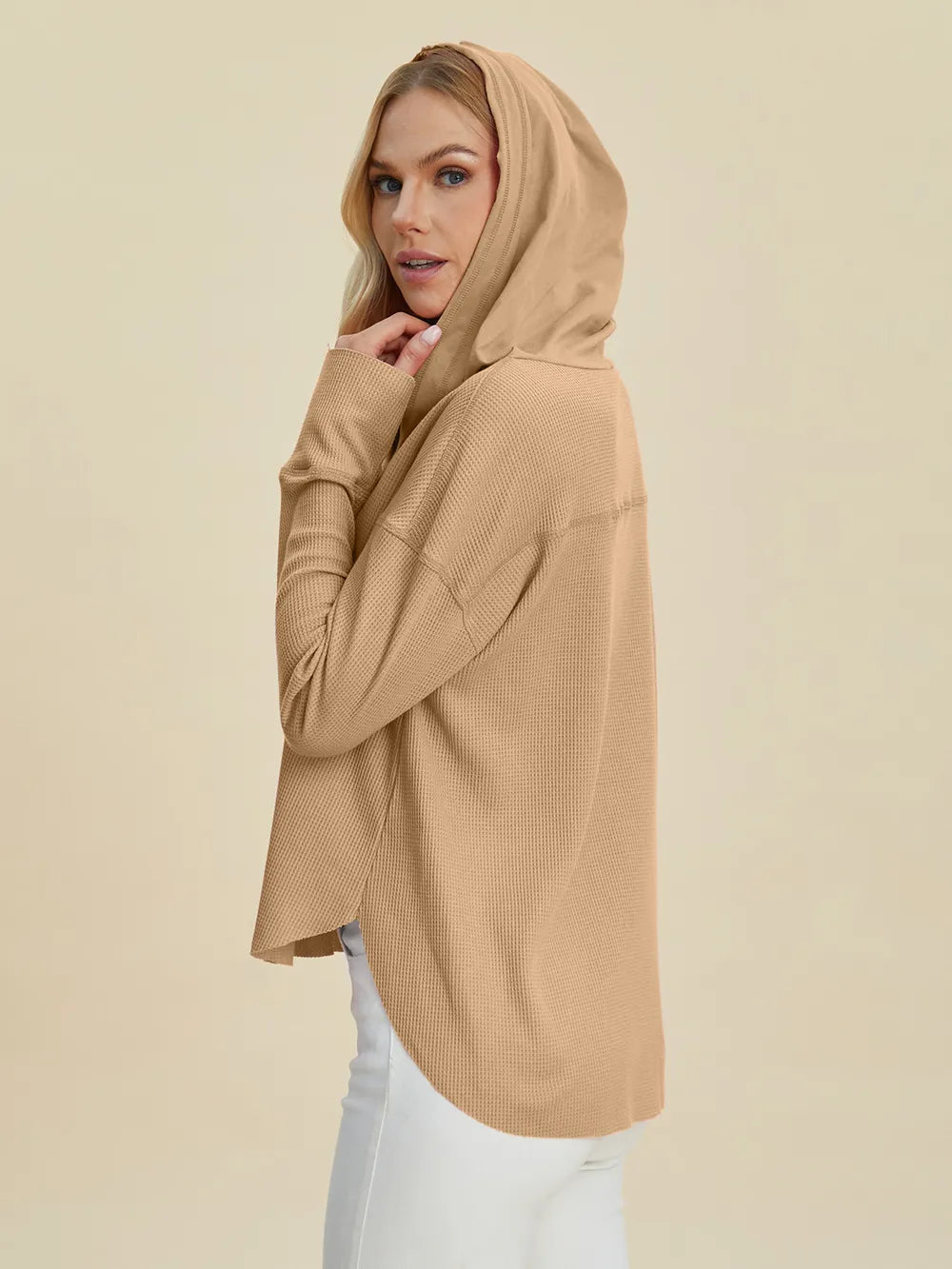 Plus Size High-Low Dropped Shoulder Long Sleeve Hoodie in Camel for Women