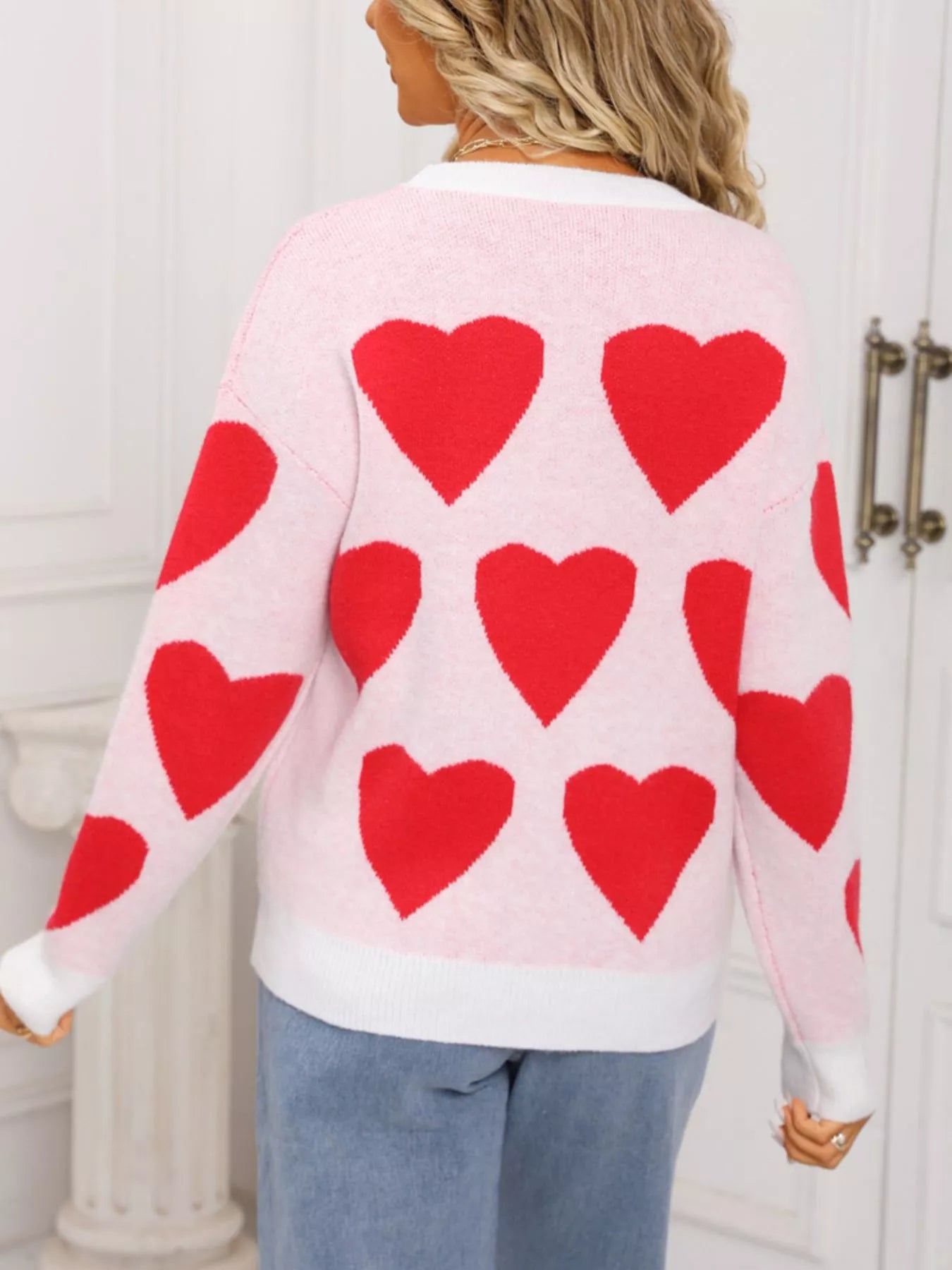 Valentines Day Heart Round Neck Knitted Sweater in Rose Red for Women