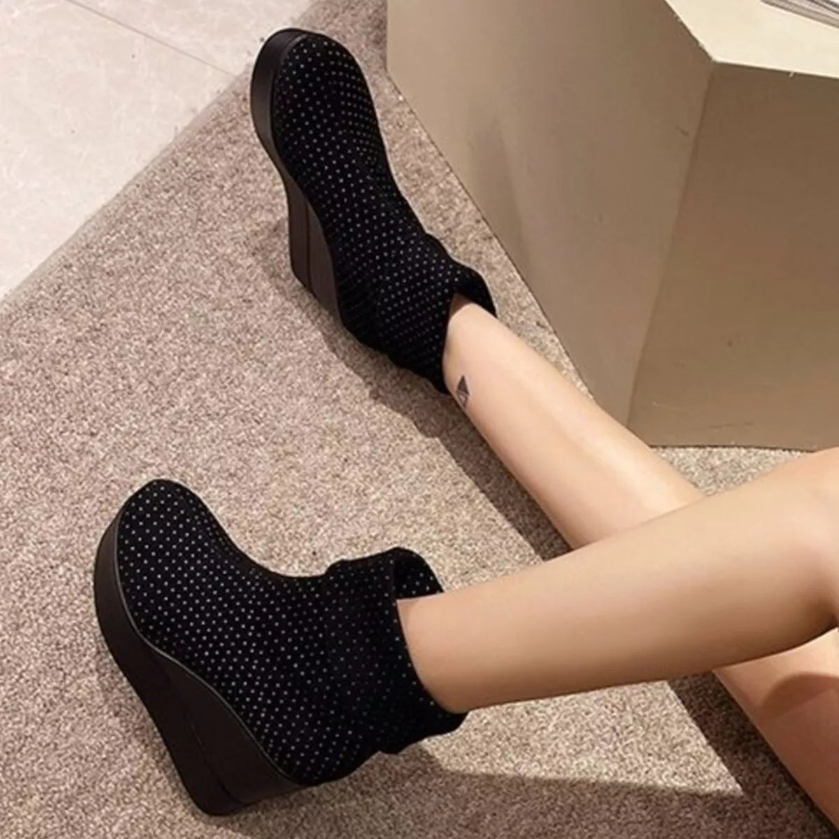 Round Toe Wedge Boots in Black for Women