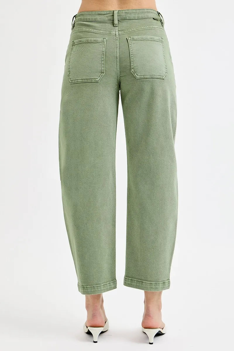 Tummy Control High Rise Crop Barrel Jeans Plus Size in Olive for Women