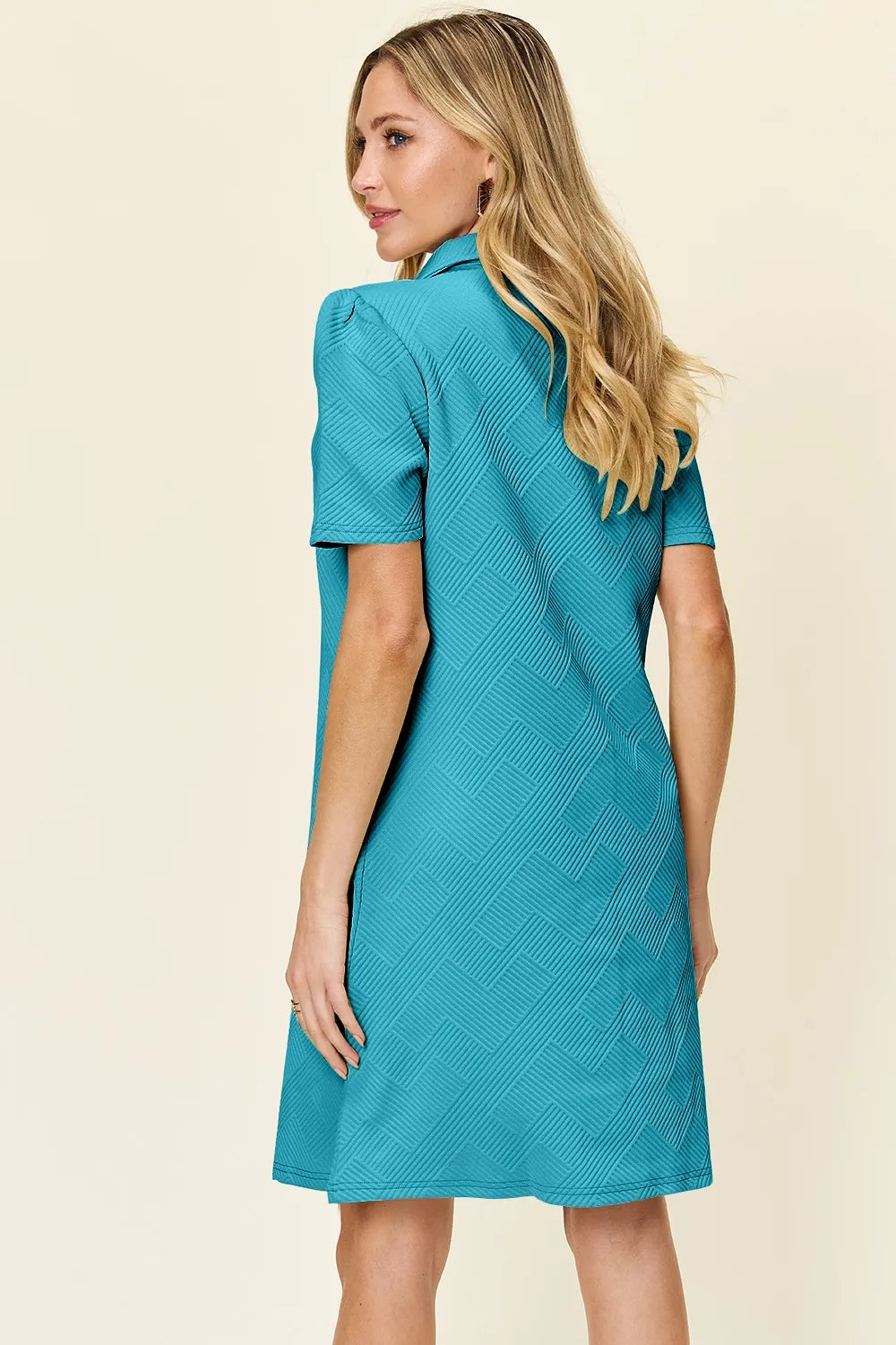 Plus Size Texture Collared Neck Short Sleeve Dress in Cream for Women