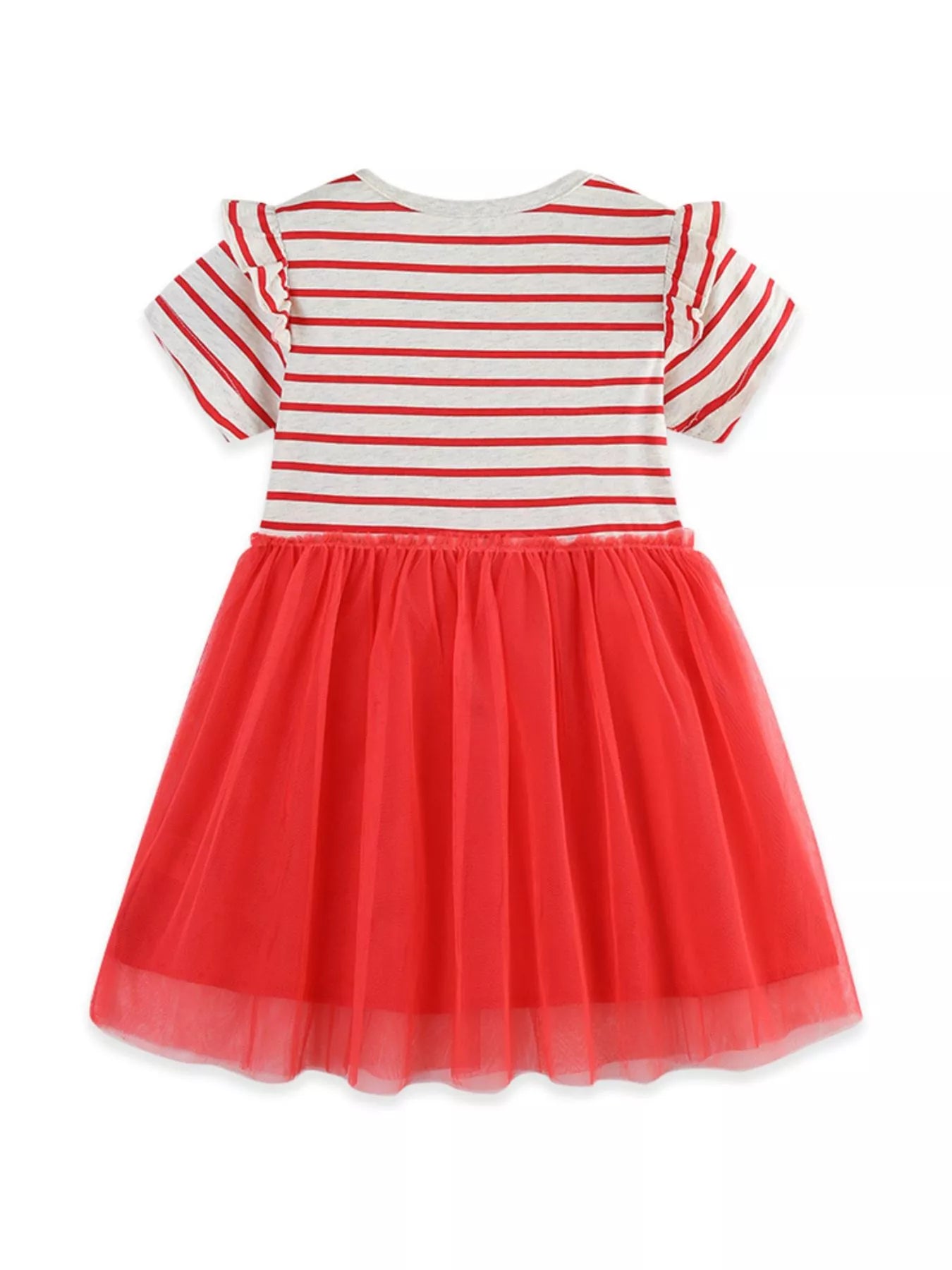 Striped Short Sleeve Tulle Dress in Red for Girls