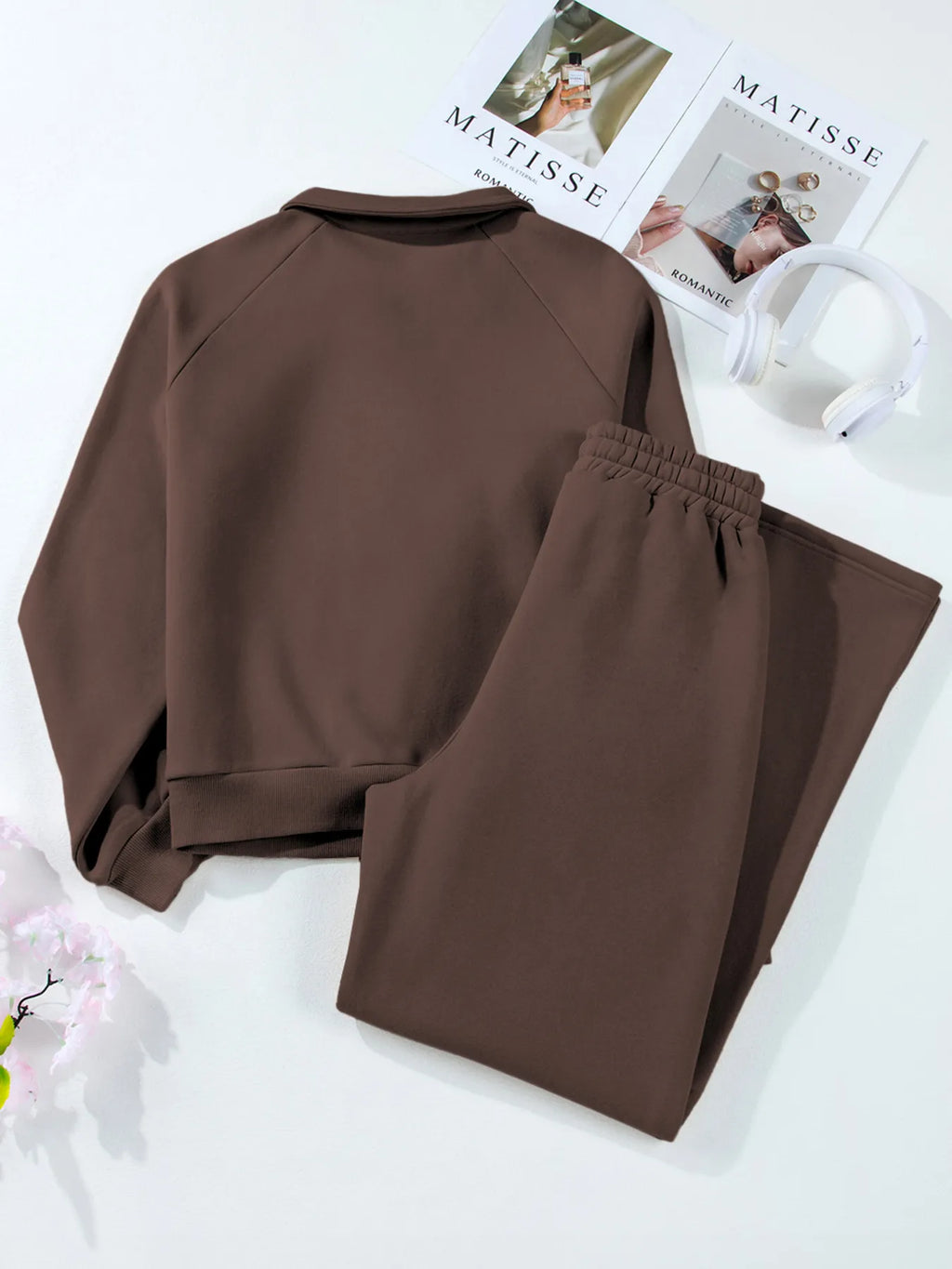 Collared Sweatshirt and High Waist Pants Active Set in Black for Women